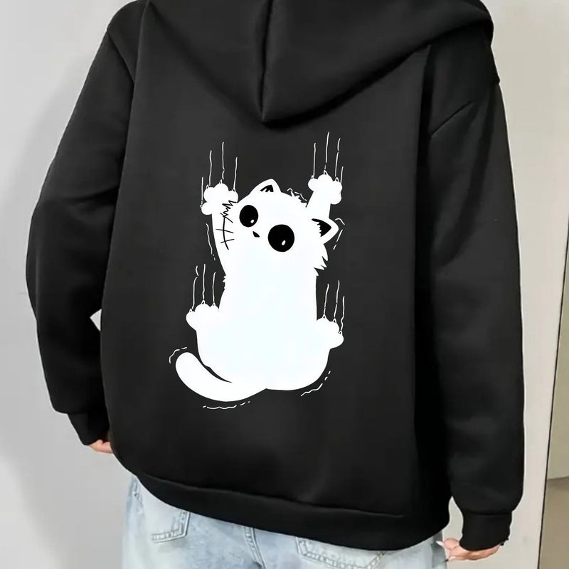 1pc Women's Casual Hooded Jacket with Cartoon Kitten Print.