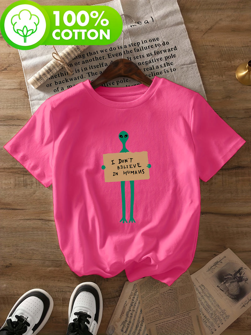 Women's Alien & "I Don't Believe in Humans" Slogan T-Shirt.