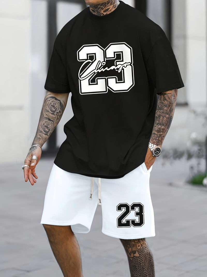 Chicago 23 Print Men's Two-piece Set, Casual Crew Neck Short Sleeve T-shirt & Drawstring Shorts With Pocket, Cool Comfortable Versatile Outfits For Spring And Summer, Outdoor Sports