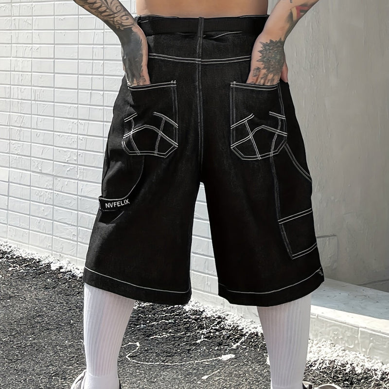 Men's American Embroidery Loose Fit Knee-Length Denim Shorts - Streetwear Style.