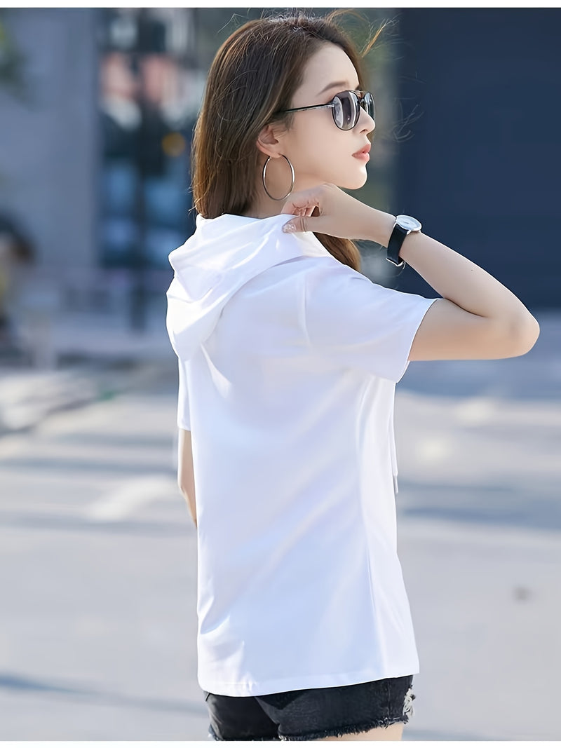 Summer New Korean Version Loose Short Sleeve Thin Trendy Printed Hooded T-Shirt for Women.