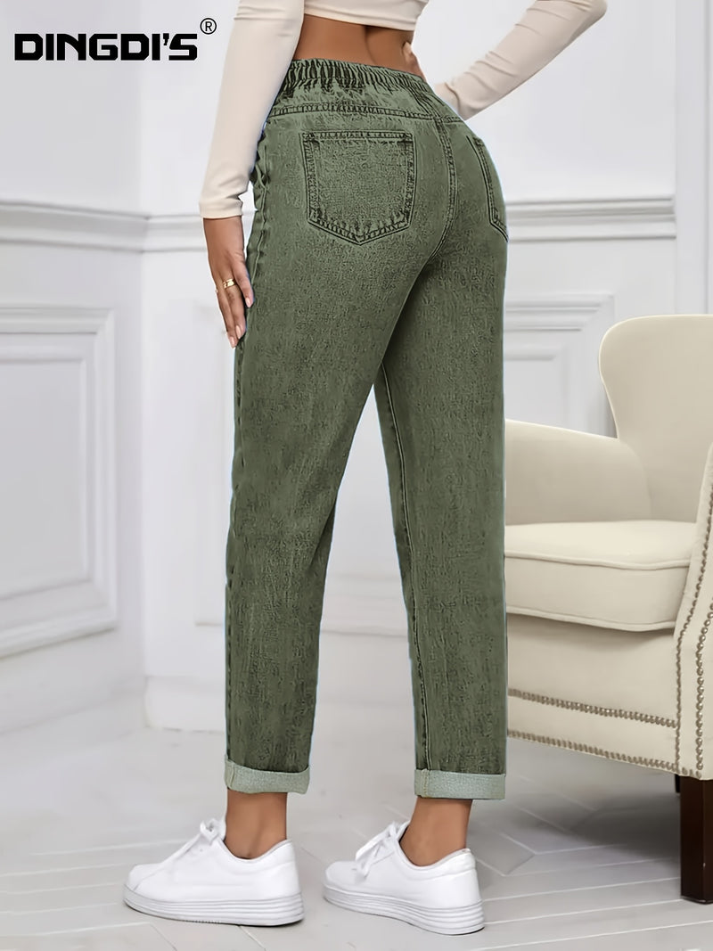 Women's stretch elastic waist drawstring slim fit jeans.