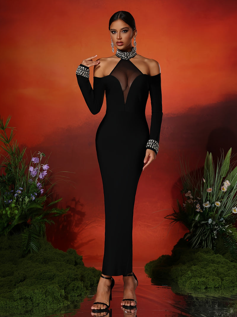 Ladies' Fashion Design Diamond Mesh Spliced Backless Evening Dress.