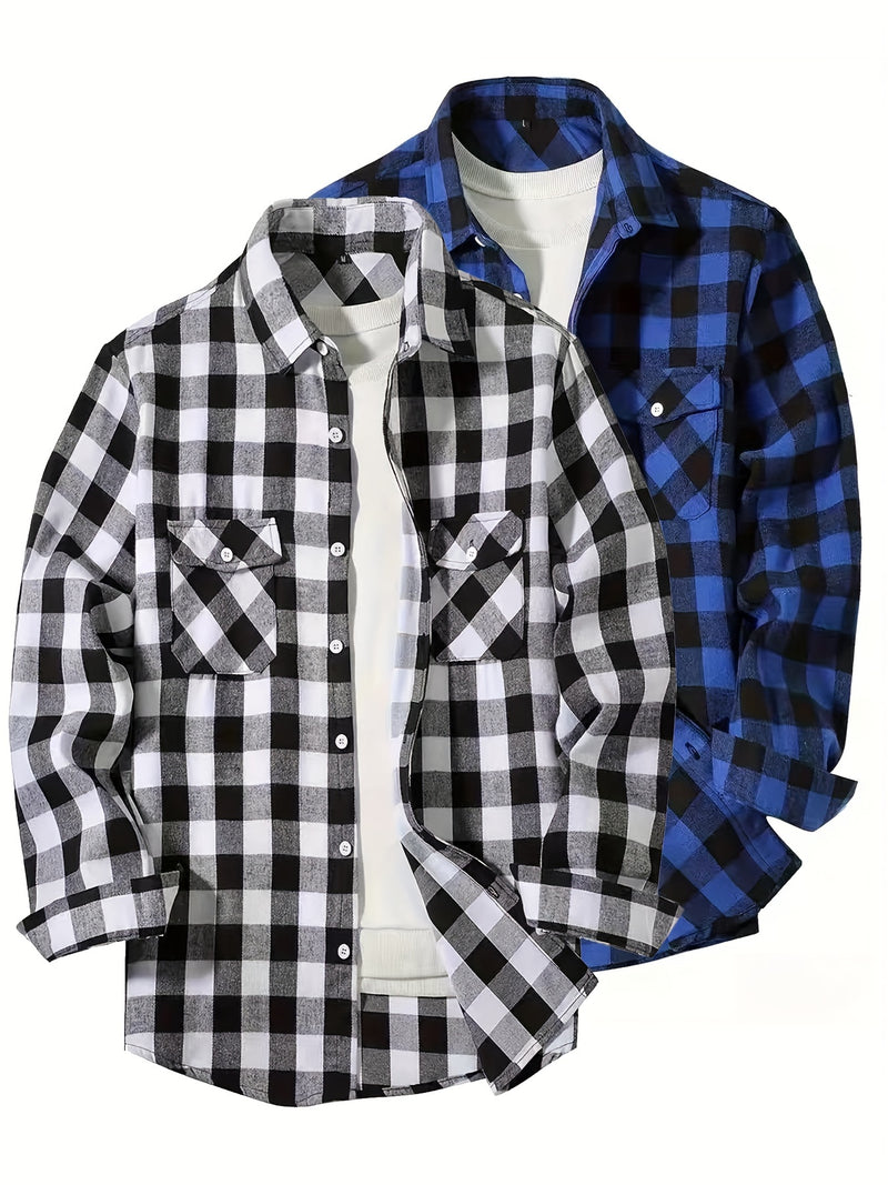 3pcs Men's Plaid Shirt Top with Turn- Collar Long Sleeve Button-Up.