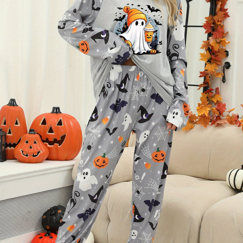 Women's Halloween Print Two-Piece Pajama Set.