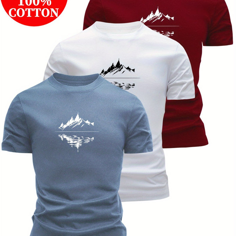 3pcs 100% Cotton T-Shirts with Landscape Pattern.