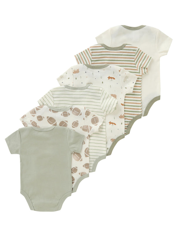 A Set of 6 Newborn Baby Bodysuits Featuring Little Bear Embroidery.