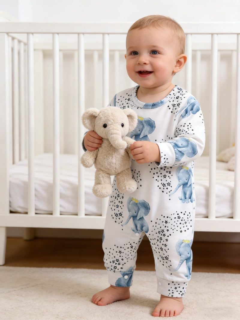 Cute Baby Elephant Water Play Pattern Long-Sleeve Romper.
