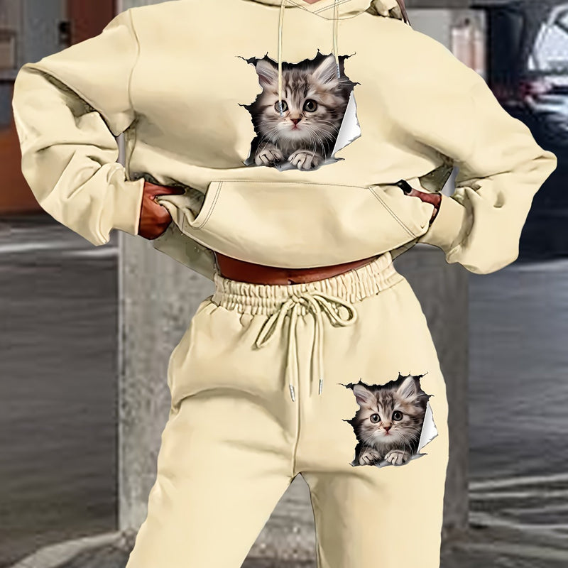 Women's Polyester Hooded Tracksuit with Cat Print.