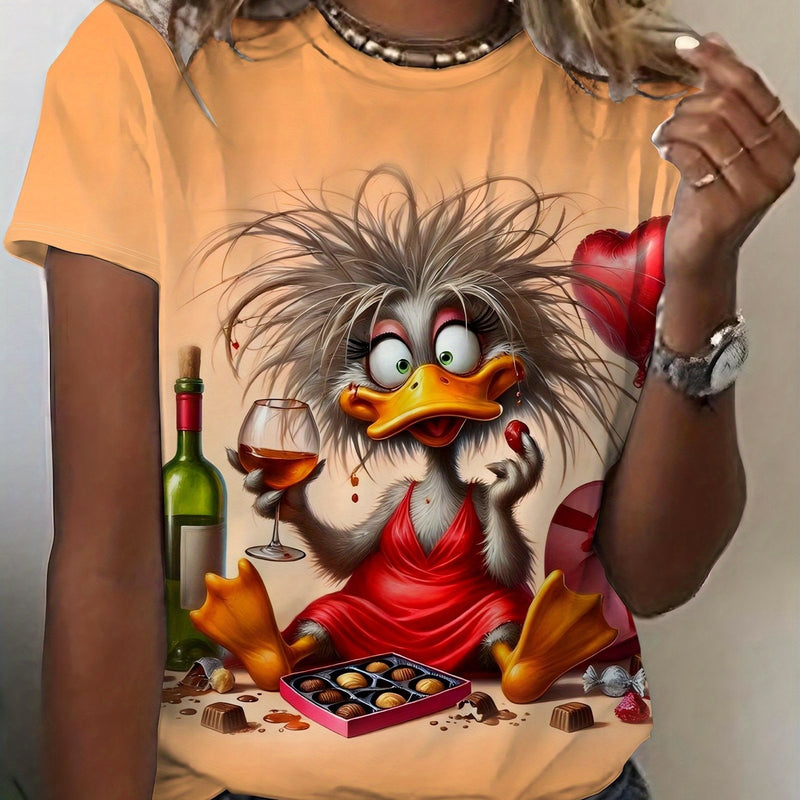A Short-Sleeved Shirt Featuring a Casual Duck Wine Chocolate Design, Perfect for Women.
