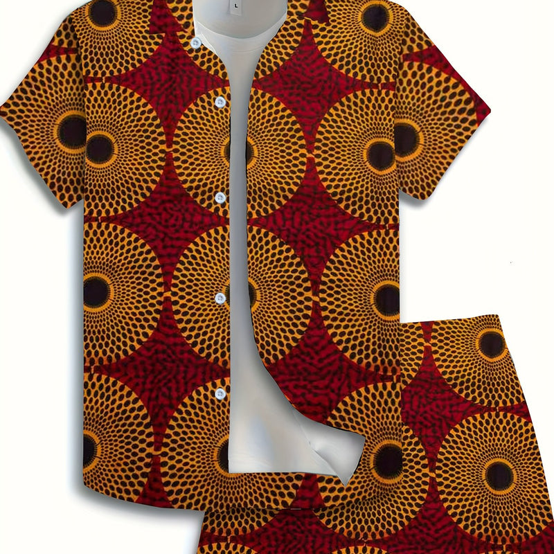 Men's Casual Ethnic Print Button-Up Shirt & Drawstring Shorts Set.