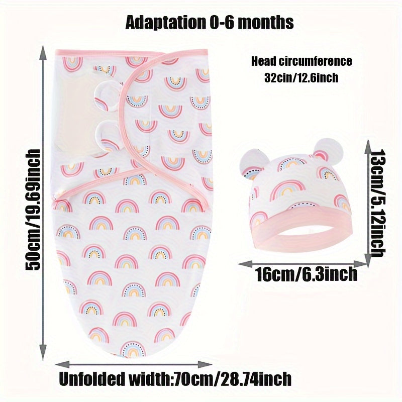 2pcs Soft Cotton Baby Swaddle Sack Set with Hat for Newborn Girls, 0-6 Months.