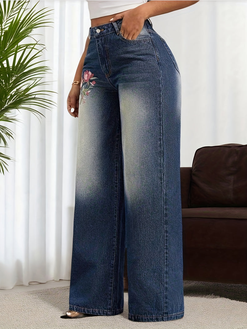 Women’s Spring/Summer New Floral Embroidered Stretch Wide-Leg Pants.