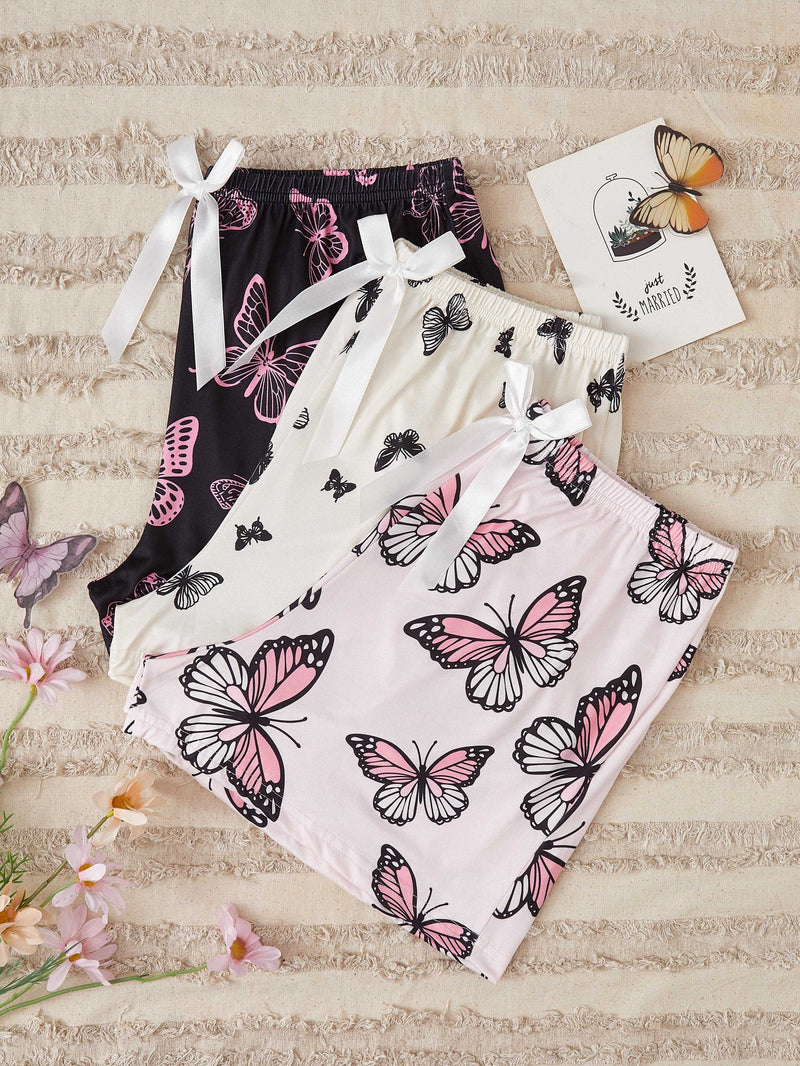 3pcs Allover Butterfly Print Clothing Bottoms, Casual Bow Decor Elastic Fit Shorts.