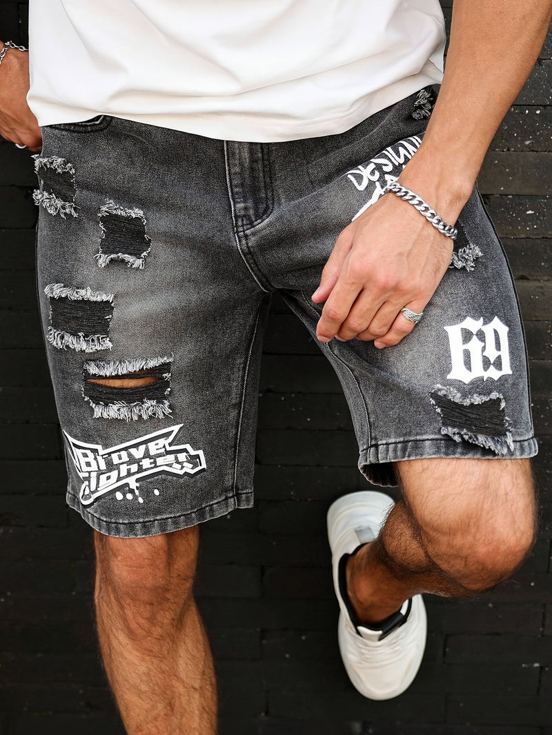 Men'S Casual Distressed Denim Shorts with "DESIGNER COOL" Print - Black & Gray.