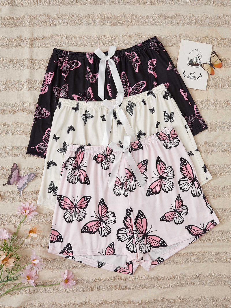 3pcs Allover Butterfly Print Clothing Bottoms, Casual Bow Decor Elastic Fit Shorts.