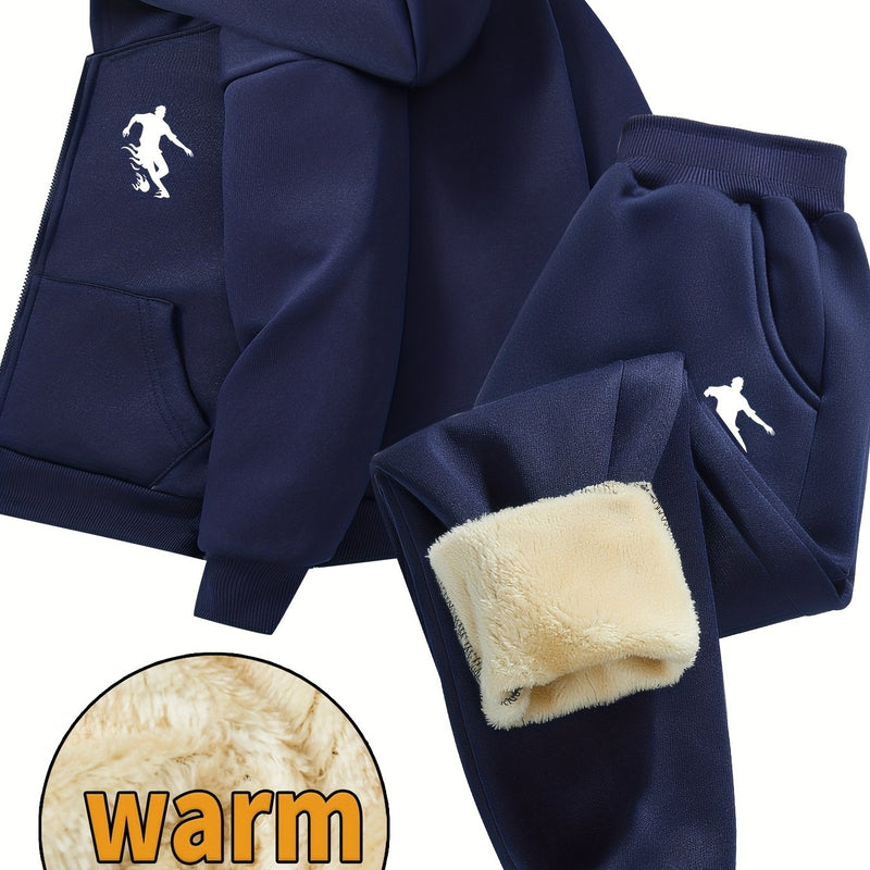 Boys Thick Plush-Lined Zip-Up Jacket + Pants Set.