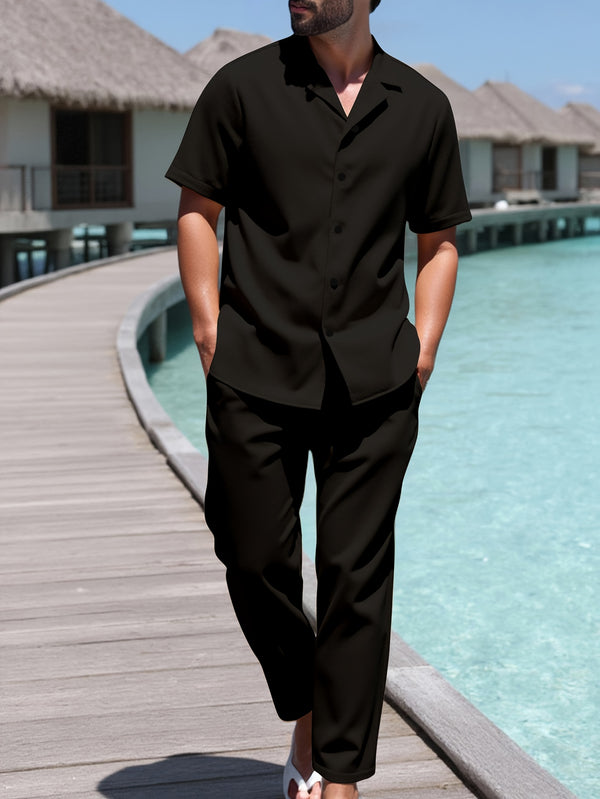 A Set of Two Men's Casual Solid Color Suit Collar Shirts And Long Pants.