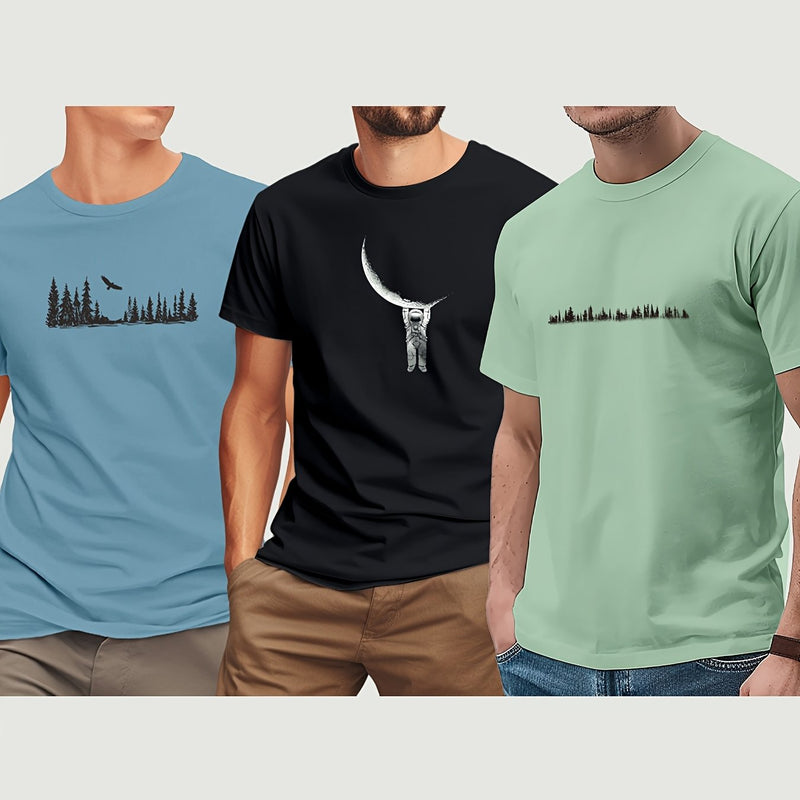 3pcs Men's Short Sleeve Print T-Shirt.
