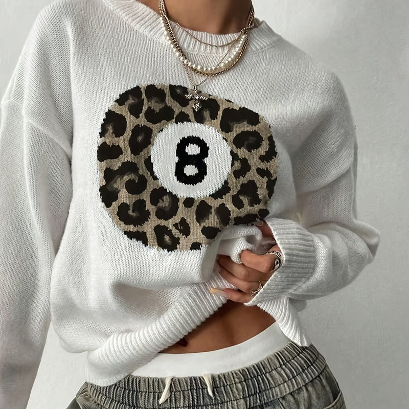 Women’s Fashion Casual Style Leopard Print Ball Design Billiard 8pcs Sweater.
