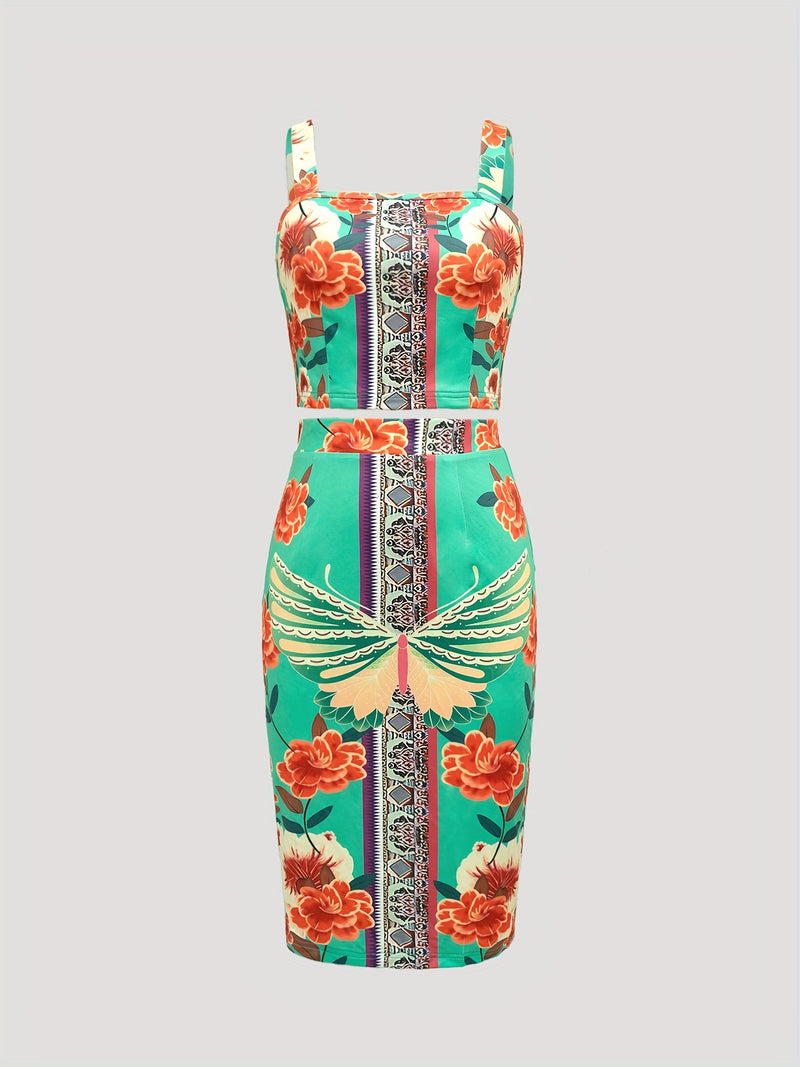 2pcs Women’s Stylish Fitted Sexy Printed Camisole And Bodycon Printed Skirt.