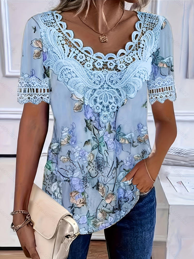 Women's Elegant Floral Print Contrast Lace Trim Round Neck T-Shirt.