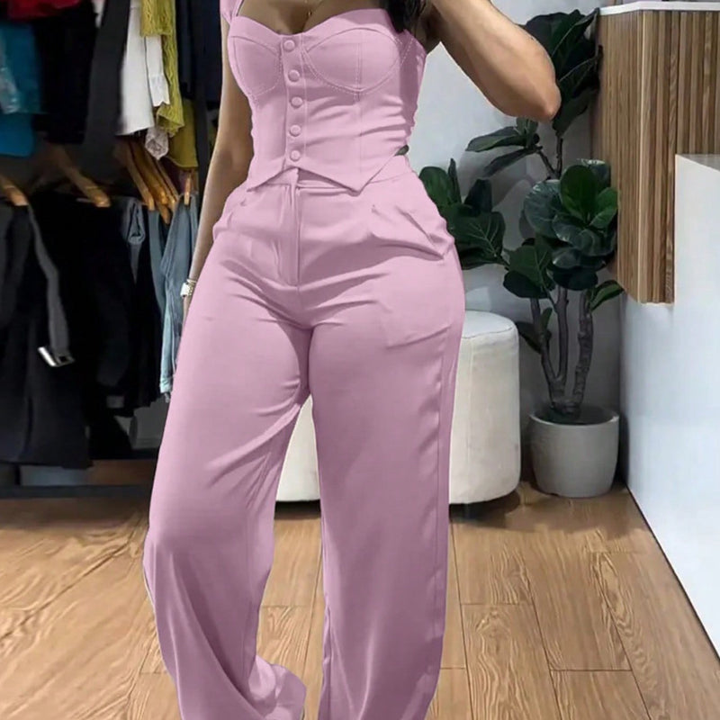 Women’s Elegant Two-Piece Set with Thick Straps And Buttoned Front.