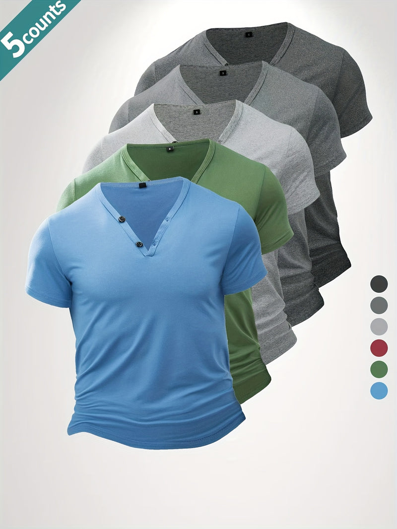 5pcs Men'S Casual V-Neck Short Sleeve T-Shirts.
