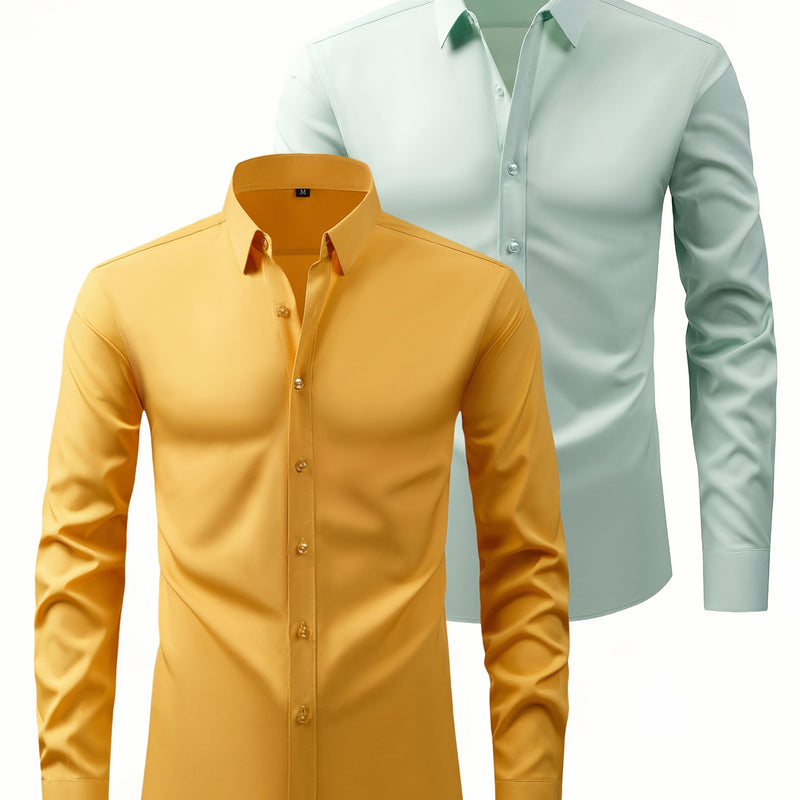 Two-Piece Set of Men's Solid Color Elastic Shirts.