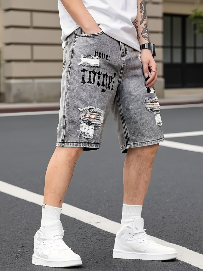Men's Denim Shorts, Light Blue, Perforated Design, Printed, Loose Fit, Non Stretchy.