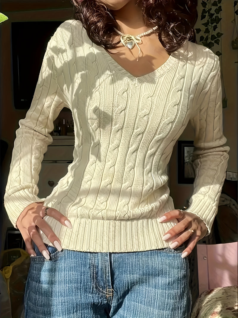Women's Slim-Fit V-Neck Cable Sweshirt.