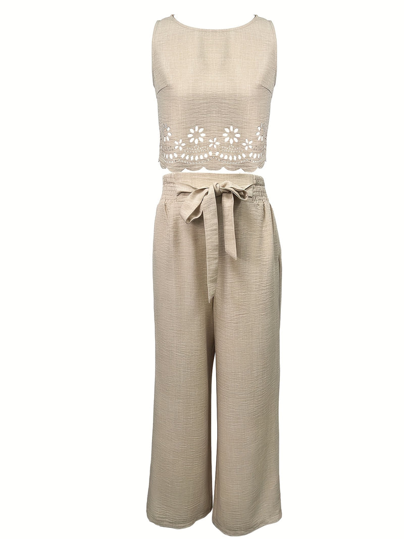 Women's Casual Pants 2pcs Set, Round Neck Sleeveless Floral Crop Top.