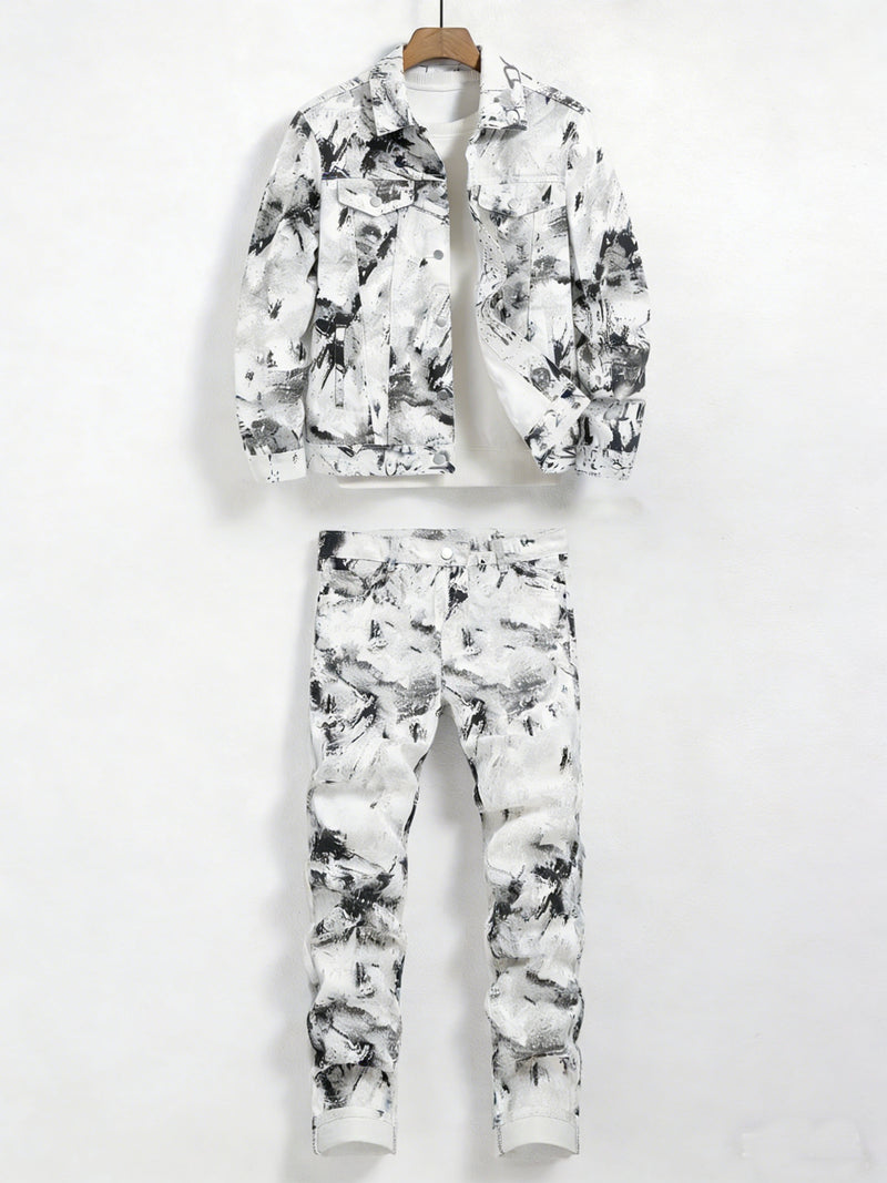 Men's Splatter Print Denim Set - Black and White Splatter Print.