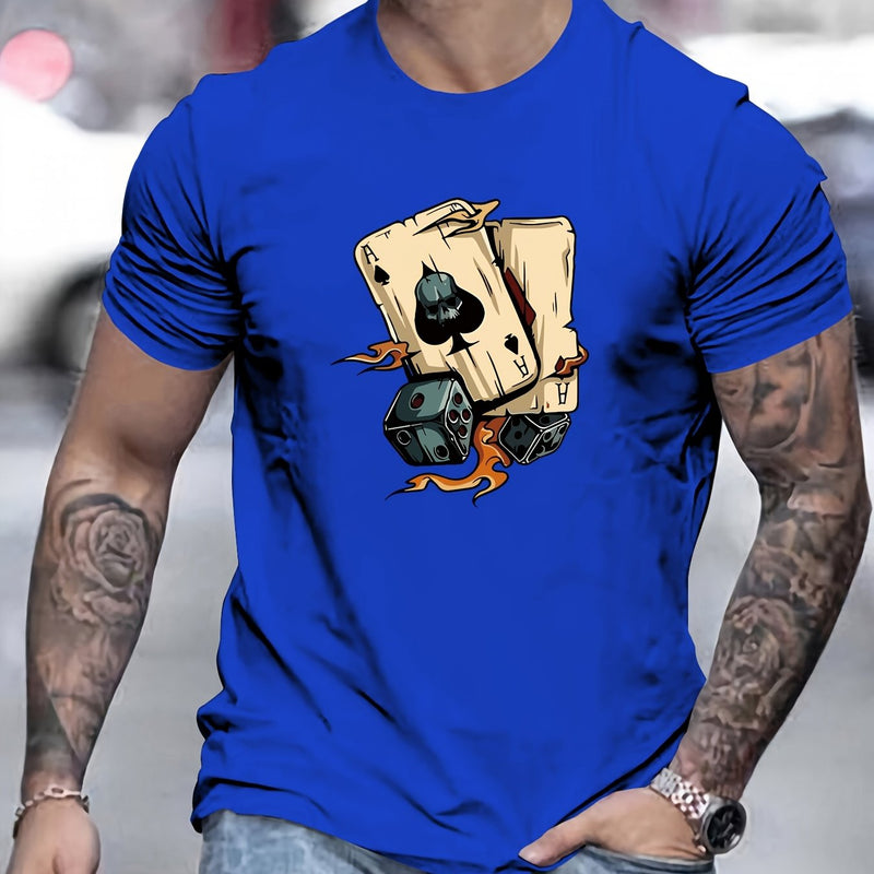 Men's Poker Card Pattern Summer Casual Crew Neck Short T-Shirt.