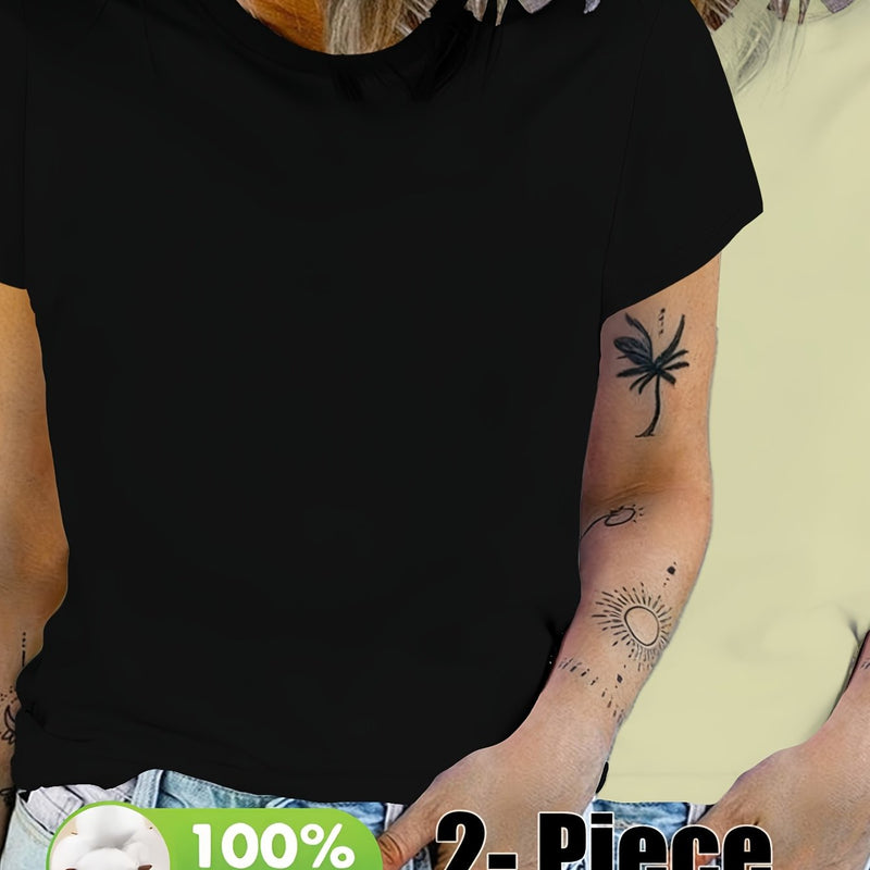 Women’s Fashion Solid Color Short Sleeve T-Shirt Two-Pack.