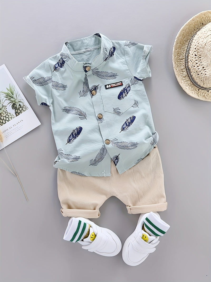 Youngsters Summer Feather Print Short Sleeve Shirt & Shorts Set.