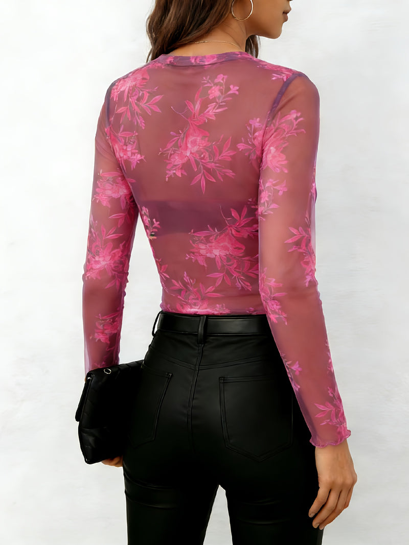 New Stylish Elegant Minimalist See-Through Mesh Blue Floral Crew Neck.