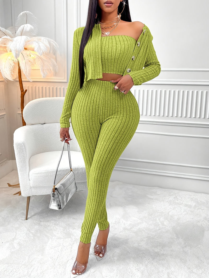 Women’s Solid Color Tube Top and Front Button Jacket and Leggings 3pcs Set.