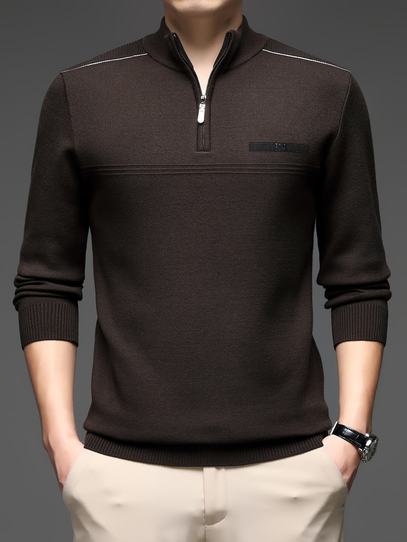 Men's Solid Color Simple Zip-Up High-Neck Long-Sleeve.