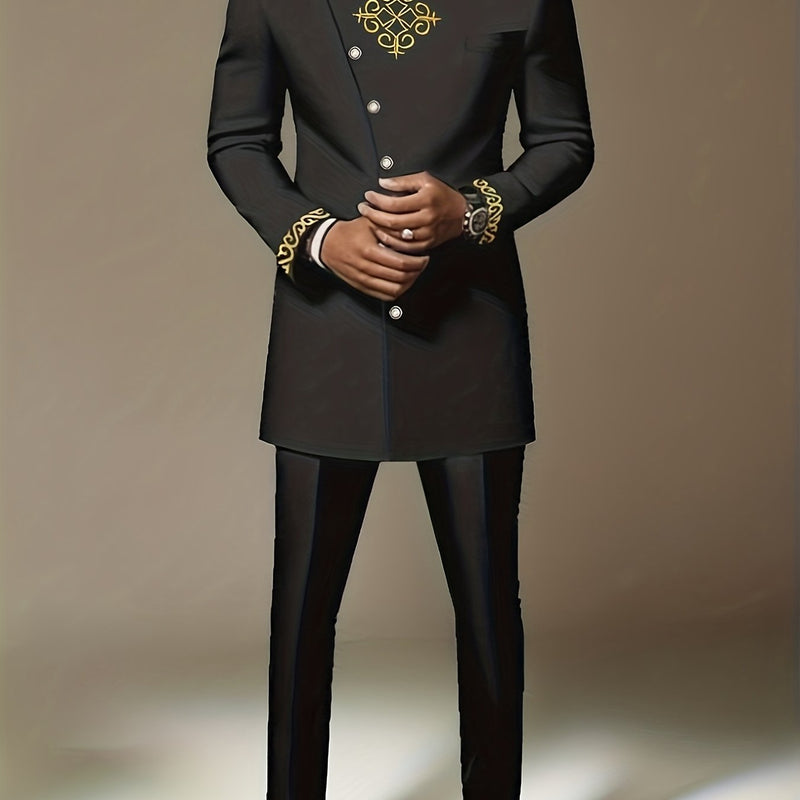Men's 2pcs Suit Set, Embroidered, Stand Collar, Long Sleeve.