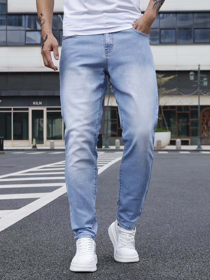 Men's Casual Washed Denim Jeans, Straight-leg pants.