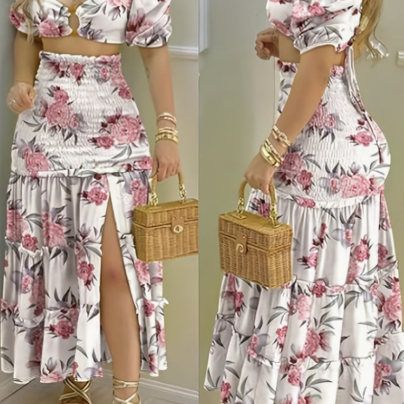 Women's Off-Shoulder Vacation Skirt Sets, Floral Printed Fashionable Vacation.