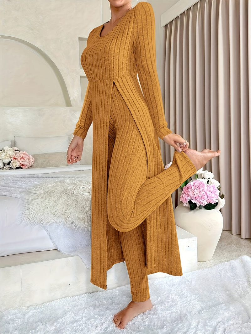 2pcs Women's Designer Round Neck Split Long Sleeve Top and Pants.