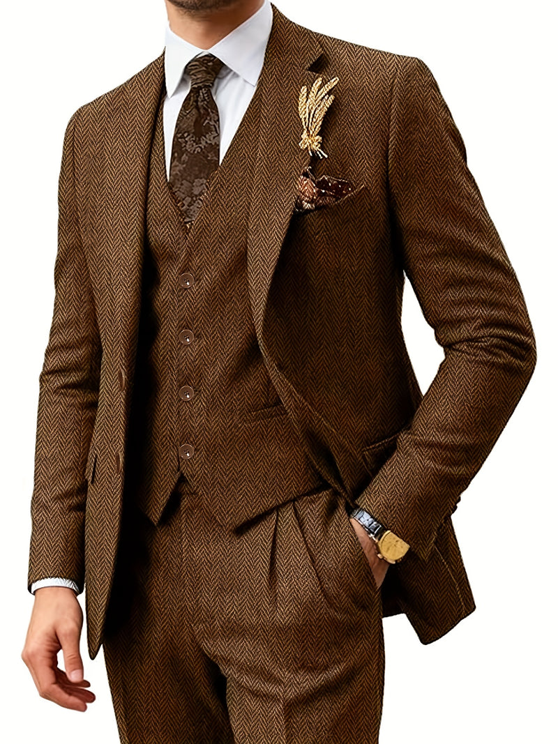 Men's Three-Piece Suit Made of Blended Herringbone Fabric.