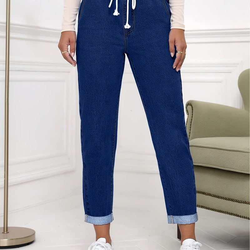 Women's Ankle-Length Pants with Rolled Cuffs, Stretchy Elastic Denim Jeans.