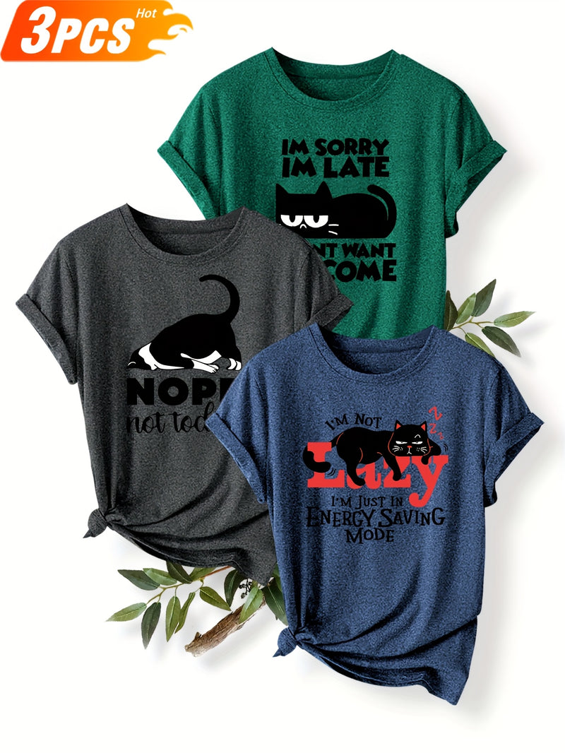 3pcs Women’s Featuring a Round-Neck Short-Sleeve T-Shirt.