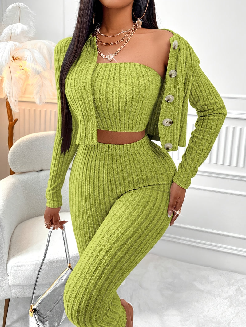 Women’s Solid Color Tube Top and Front Button Jacket and Leggings 3pcs Set.