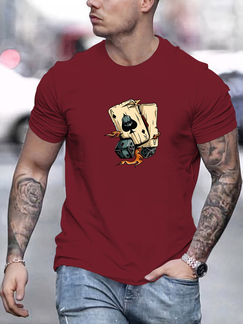 Men's Poker Card Pattern Summer Casual Crew Neck Short T-Shirt.
