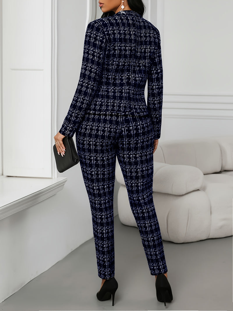 Women’s Elegant Plaid Suit Two-Piece Set with Front Double.