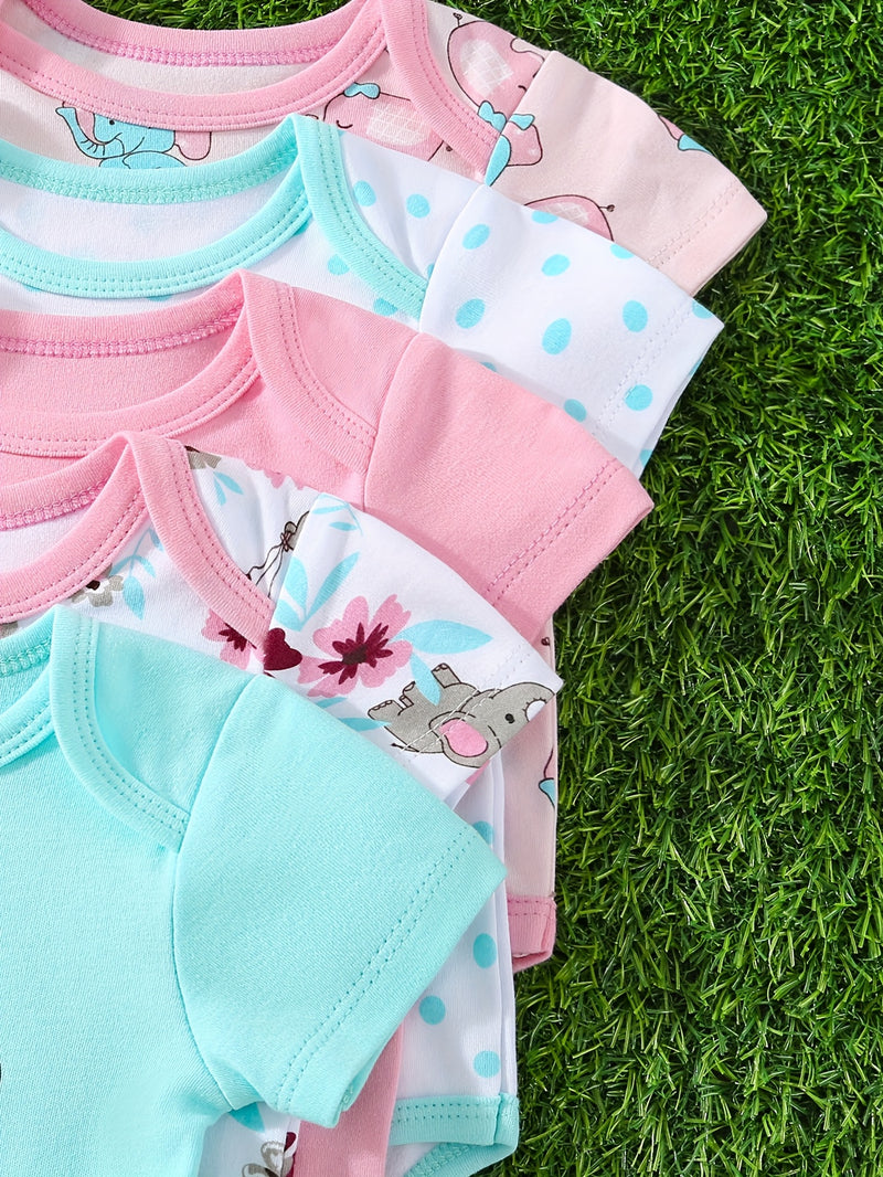 Five-Piece Set of Short-Sleeved Pure Onesies Featuring a Comfortable Cartoon.